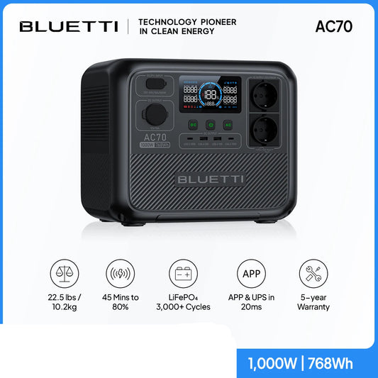 Estación de Energía Portátil BLUETTI AC70 de 768Wh y 1000W - Potencia Versátil para Aventuras y Emergencias
