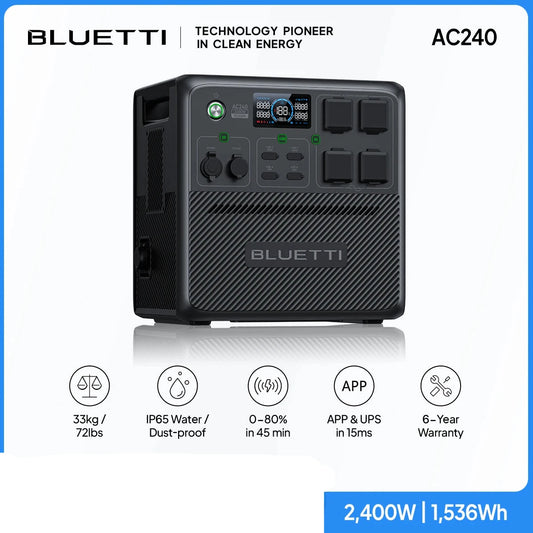 Estación de Energía Portátil BLUETTI AC240 - Generador Solar 2400W con Capacidad de 1536Wh para Emergencias, Camping y Uso en Casa